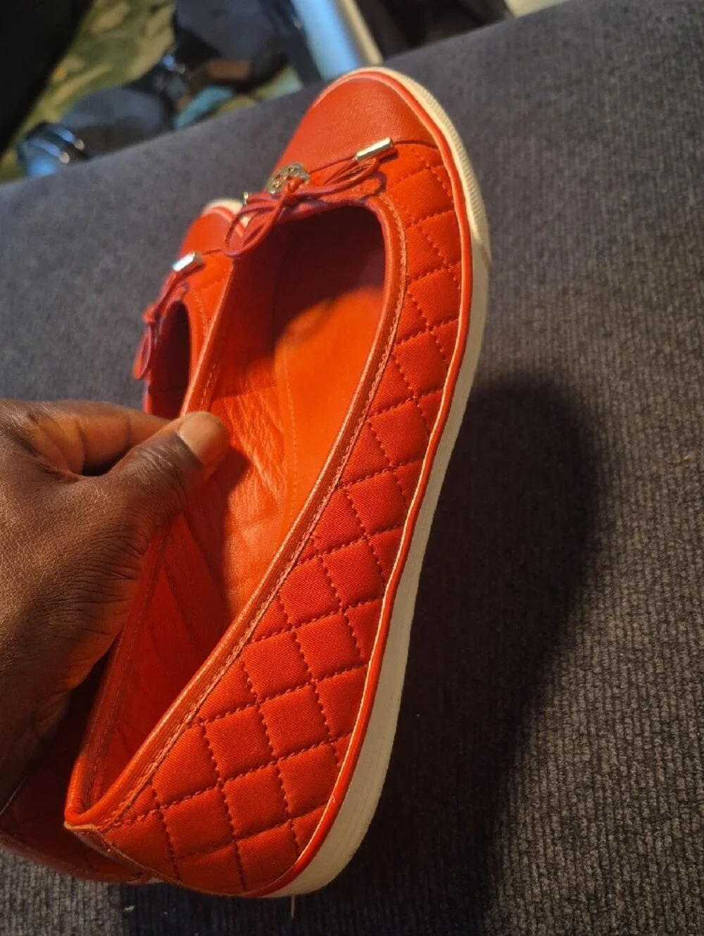 Tory Burch Orange-Red Leather Bow Ballet Flats with Logo Charm